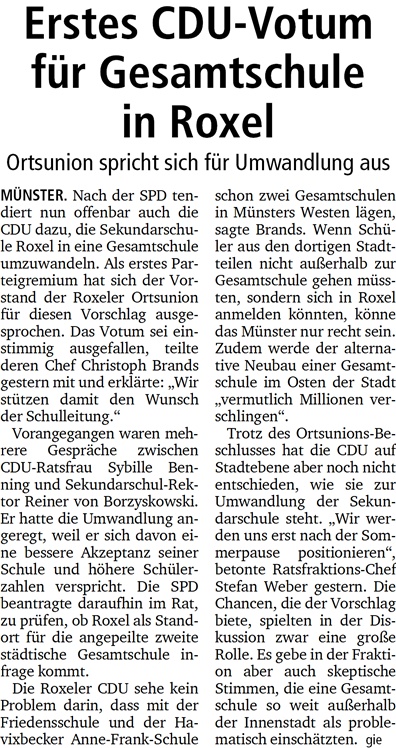 Erstes CDU-Votum für Gesamtschule in Roxel, 26.07.13 MZ Erstes CDU-Votum für Gesamtschule in Roxel, 26.07.13 MZ