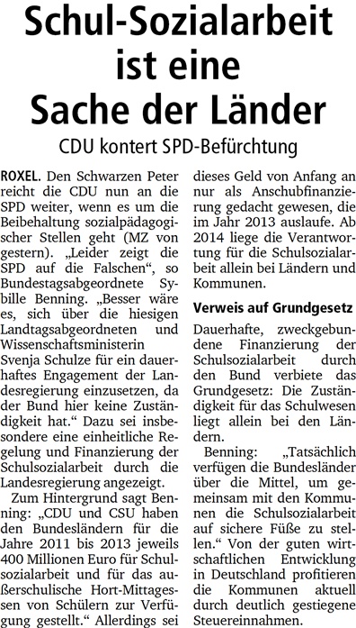 Schul-Sozialarbeit ist eine Sache der Länder, 27.09.13 MZ Schul-Sozialarbeit ist eine Sache der Länder, 27.09.13 MZ