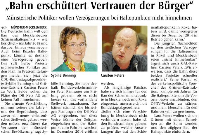 Bahn erschüttert Vertrauen der Bürger, 12.10.13 WN Bahn erschüttert Vertrauen der Bürger, 12.10.13 WN